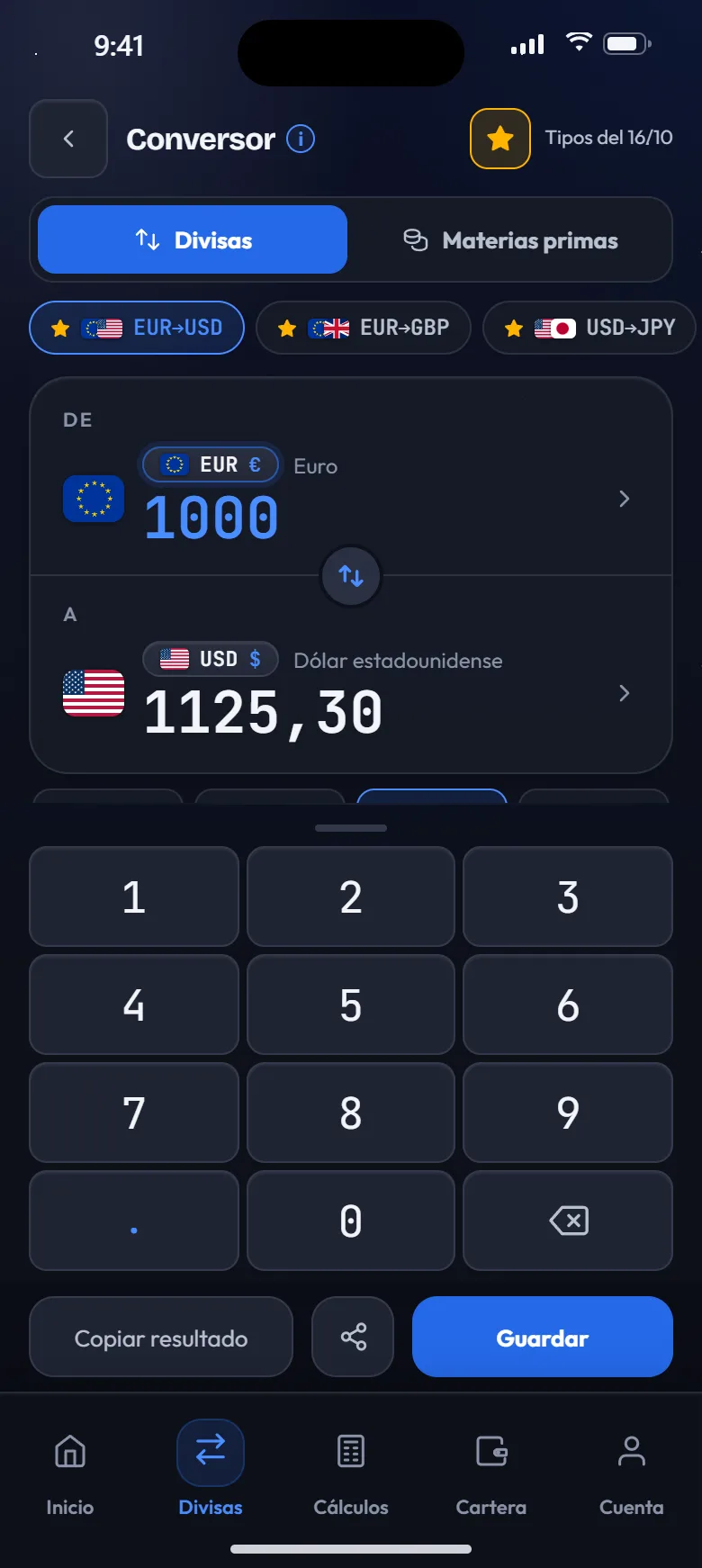 Conversor de divisas de EUR a USD con gráfico de 3 meses