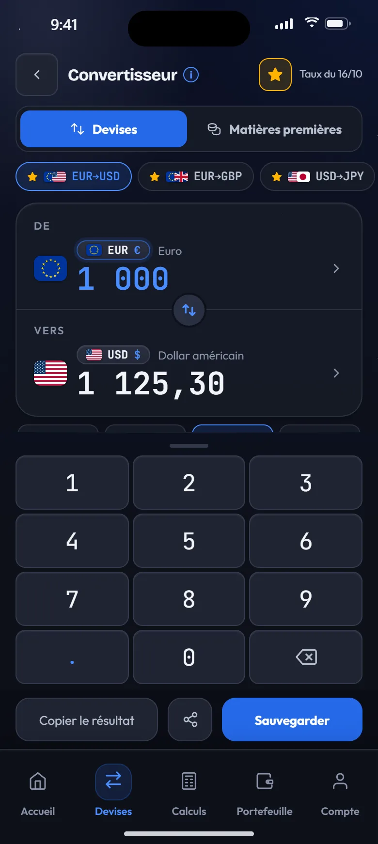 Convertisseur de devises EUR vers USD avec graphique sur 3 mois