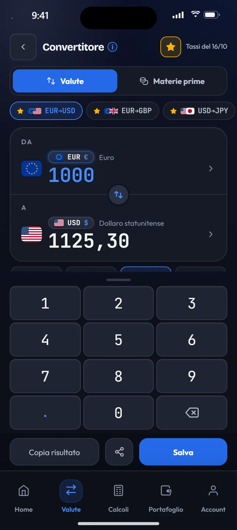 Convertitore di valute da EUR a USD con grafico a 3 mesi