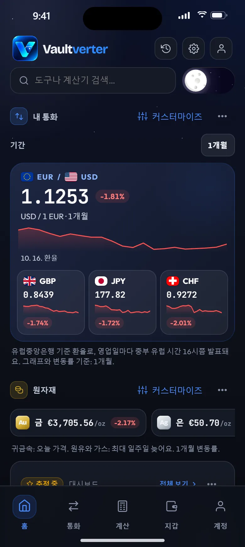 Vaultverter 홈 화면: EUR/USD 환율, 관심 암호화폐, 도구 바로가기
