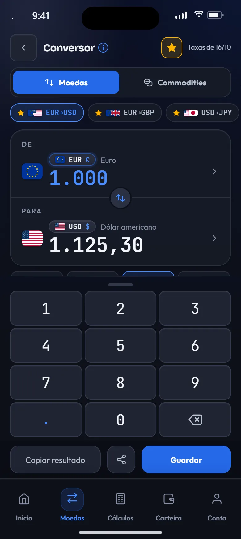 Conversor de moedas de EUR para USD com gráfico de 3 meses