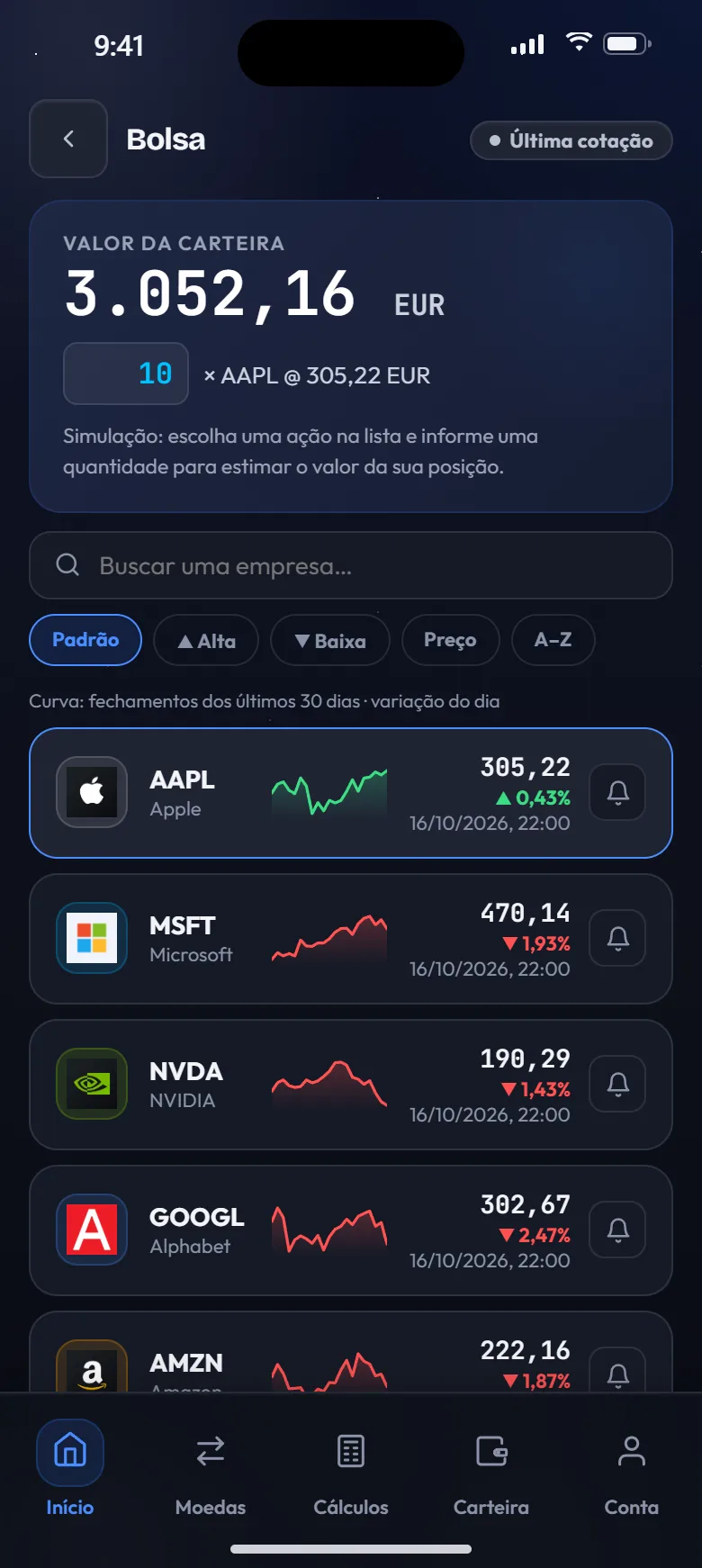 Cotações da bolsa e valor da carteira