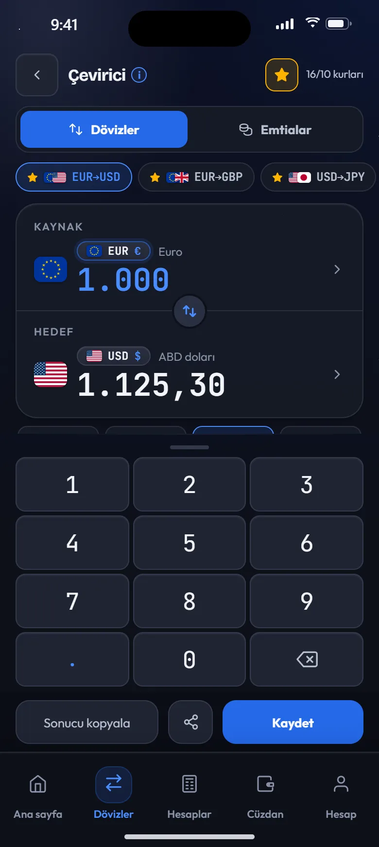 EUR'dan USD'ye döviz çevirici ve 3 aylık grafik