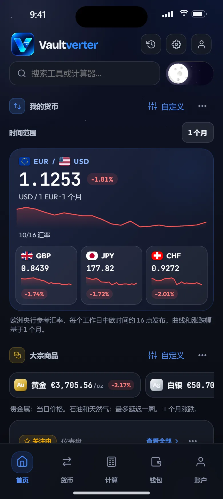 Vaultverter 首页:EUR/USD 汇率、关注的加密货币和工具快捷入口